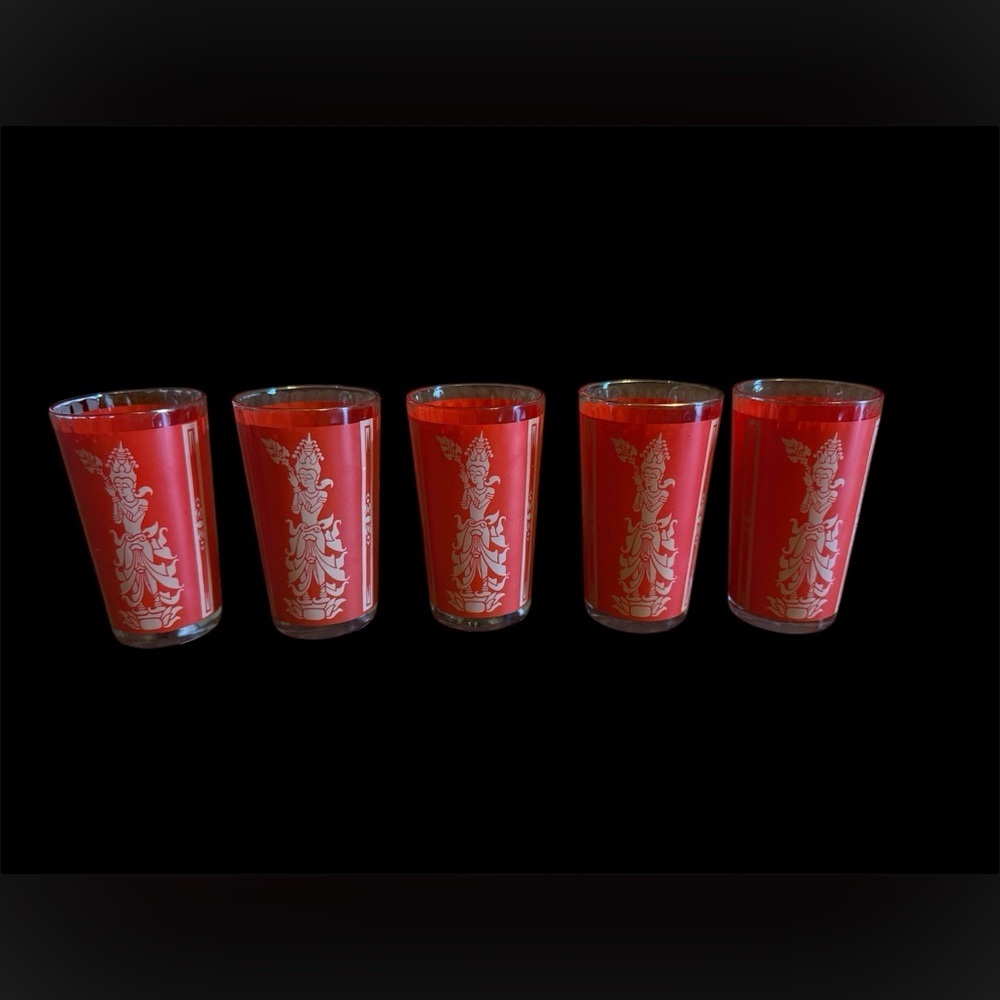 Vintage Culver Red Gold High Ball Glasses Set 5 Mid Century Thai Hindu Goddess